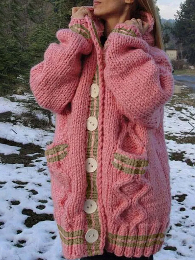 Thickened Loose Hooded Button-Down Knitted Cardigan