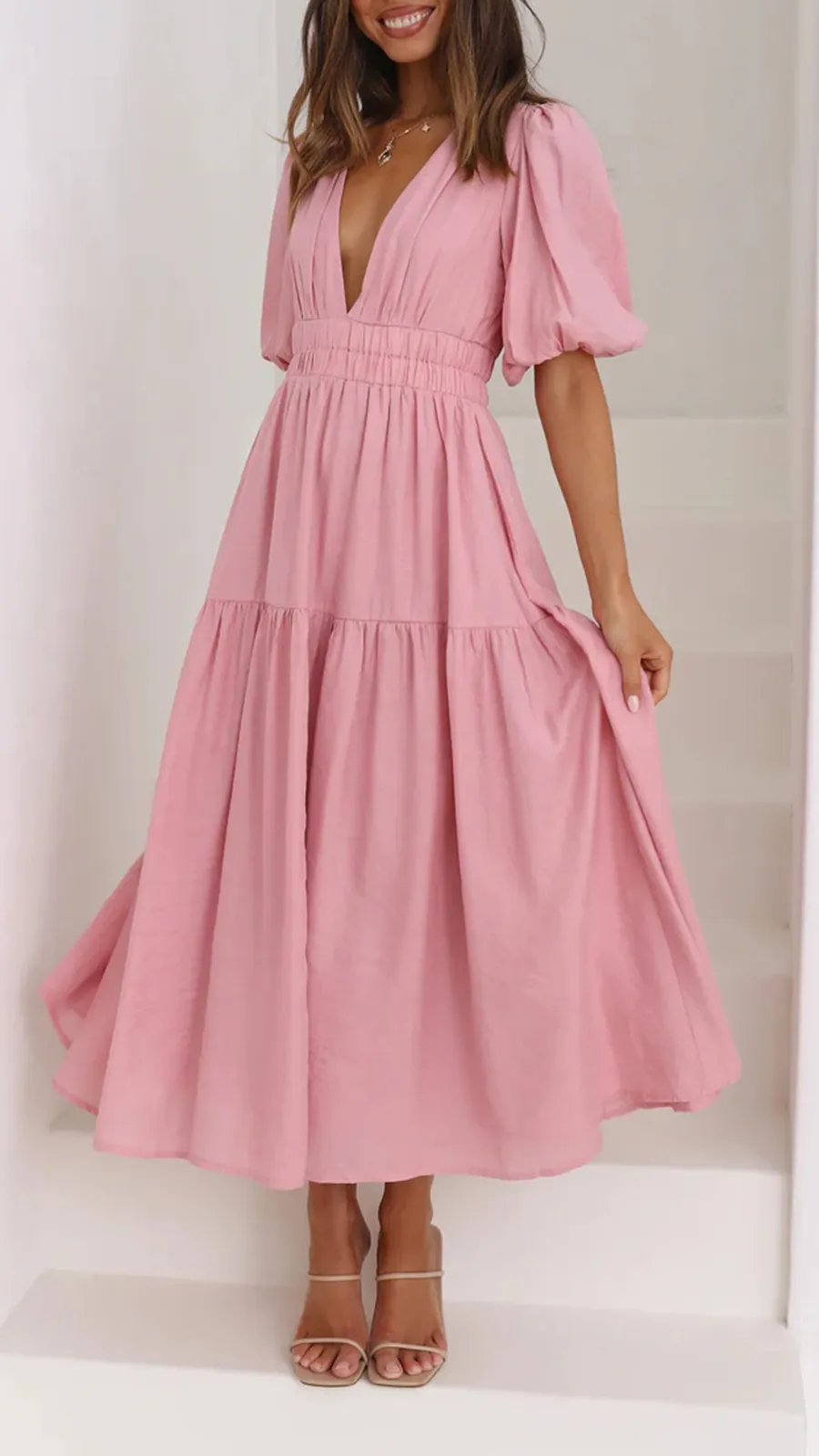 Solid Color Puffy Midi Dress