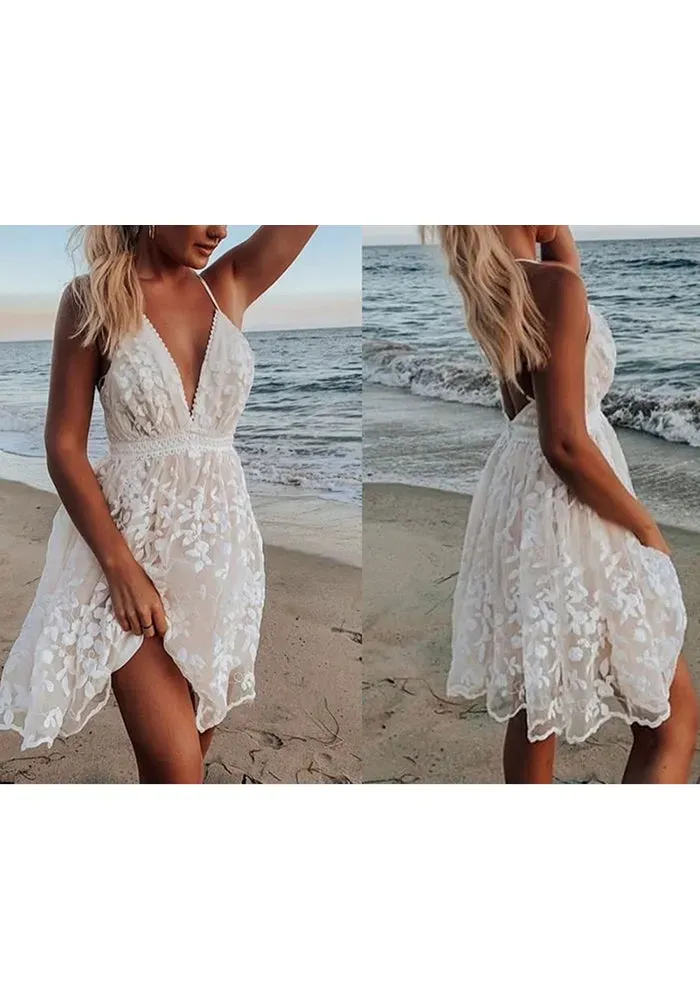 No Tears Here Lace Embroidered V-Neck White Dress