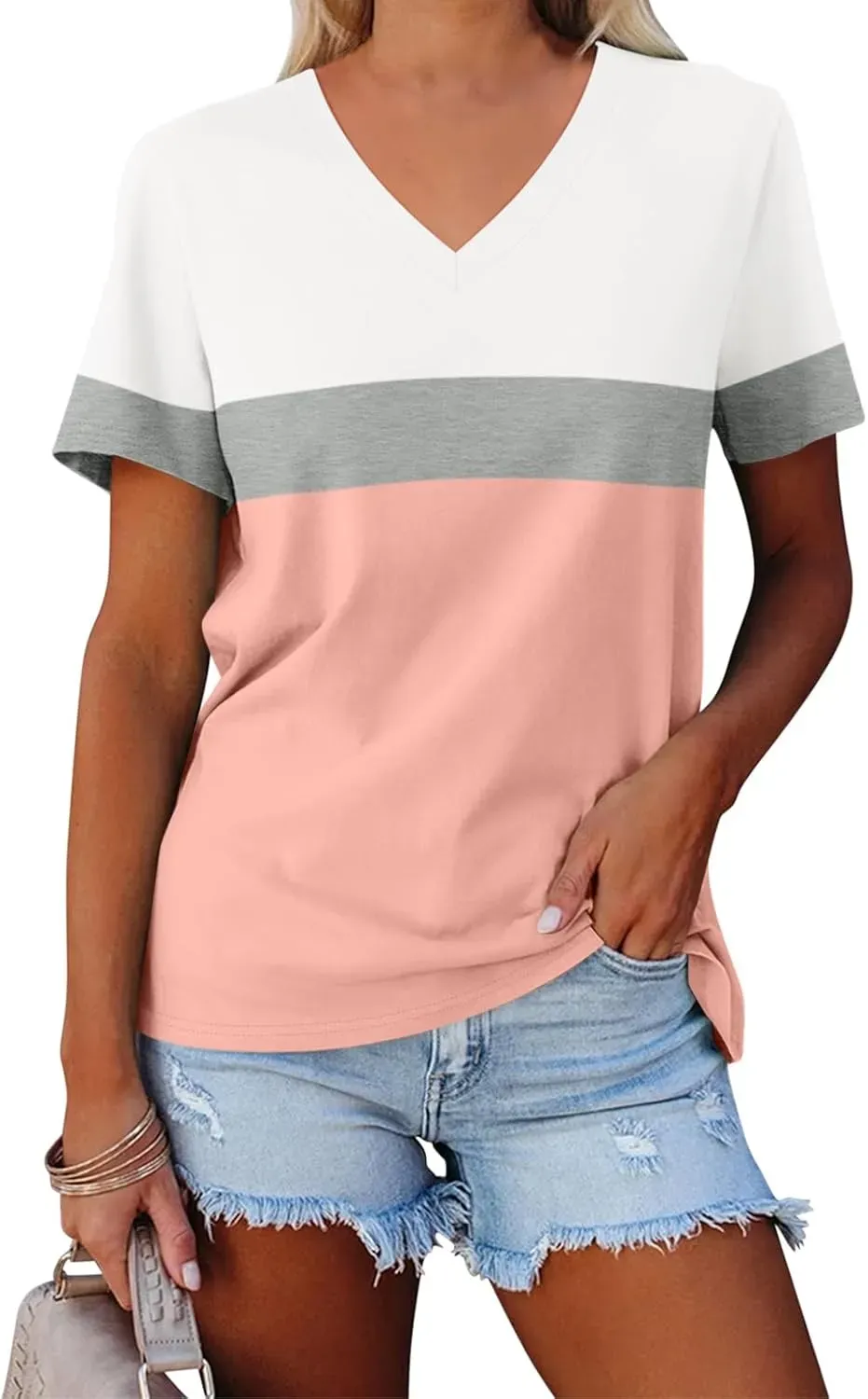 ORANDESIGNE Women's Color Block Short Sleeve T Shirts Casual V Neck Summer Tops Tees Loose Fit Blouses