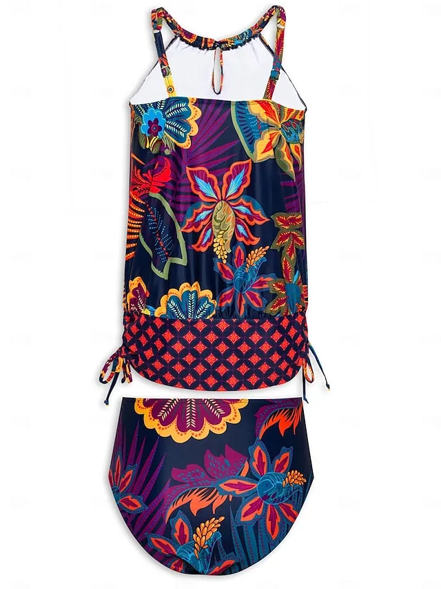 Printed Drawstring Tankini Swimsuit