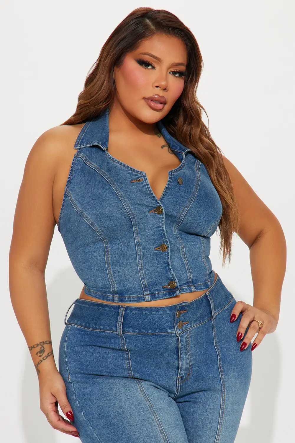 In Your Head Stretch Denim Halter Top - Medium Wash
