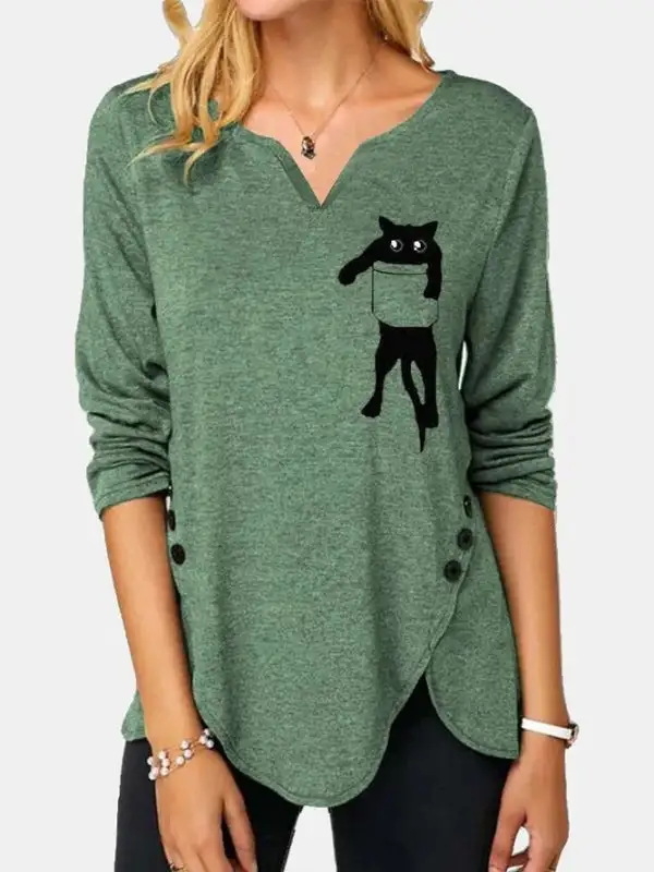 VChics Black Cat Printed V Neck Long Sleeve Tunic