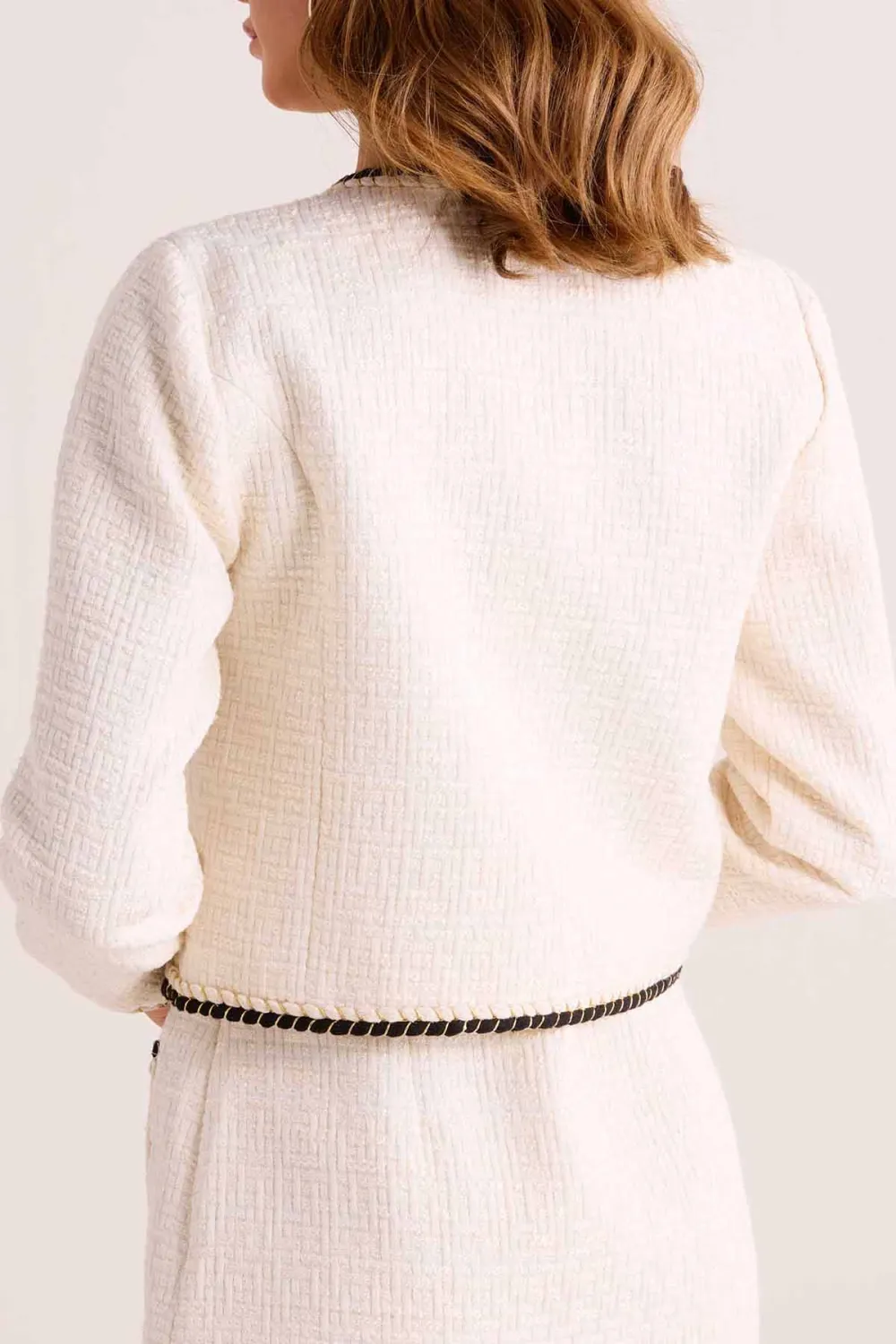 Beige Tweed Contrast Stitch Classic Cropped Jacket