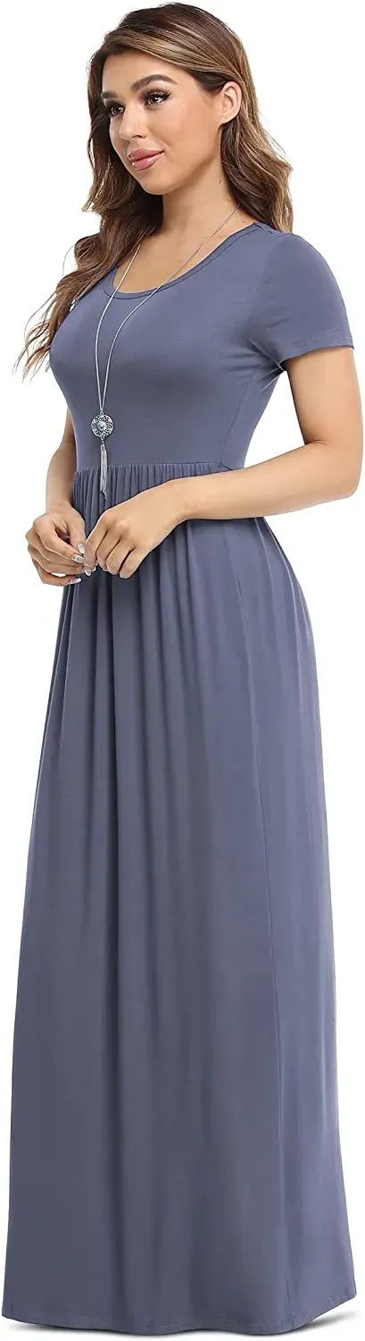 Women's Short Sleeve Loose Plain Maxi Dresses Casual Long Dresses with Pockets