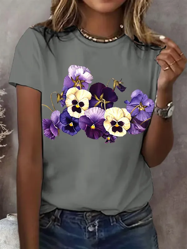 Women'S Alzheimer'S Purple Floral Print Round Collar T-Shirt