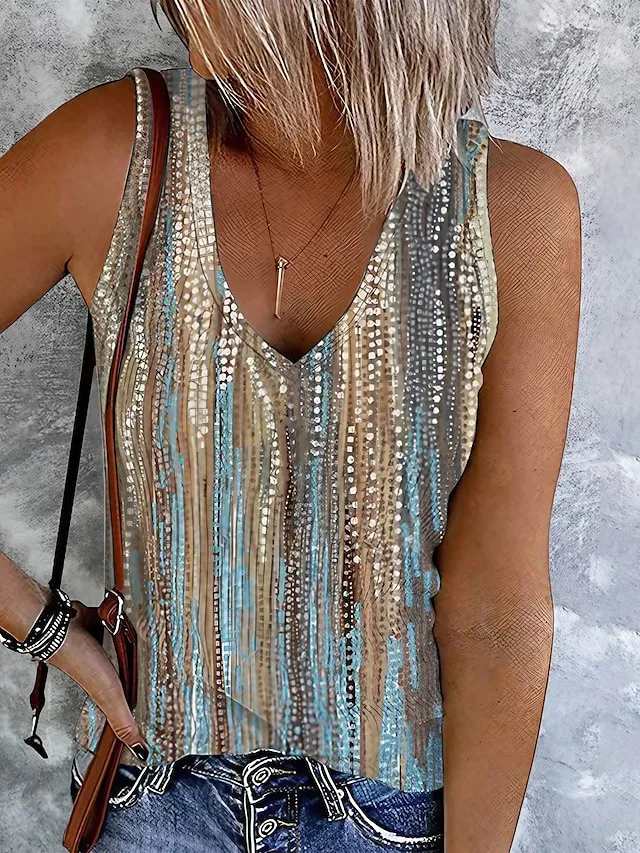 Women's Plus Size Tank Top Going Out Tops Vest Concert Tops Light Green Blue Khaki Floral Ethnic Button Print Sleeveless Holiday Streetwear Casual V Neck Regular Fit Floral