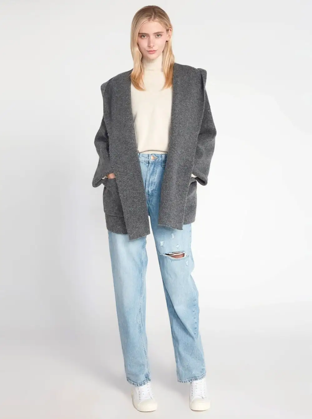 Hooded Open Lapel Sweater Coat