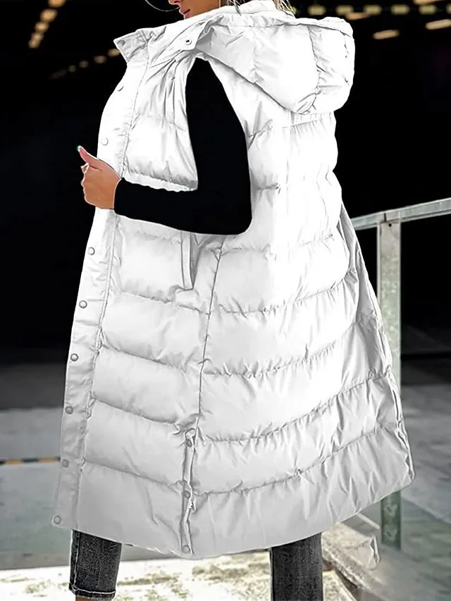 Women's Puffer Vest Long Winter Coat Sleeveless Hooded Jacket Thermal Warm Parka Windproof Gilet Zipper Outerwear Fall