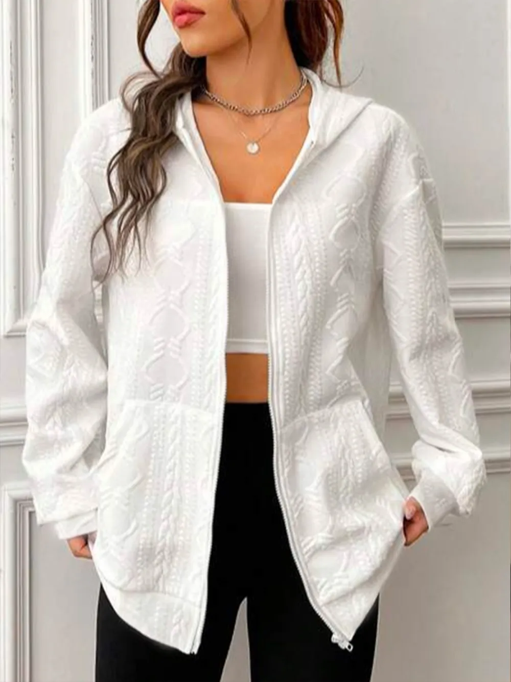 Geometric Casual Hoodie Loose Solid Zip Up Drop Shoulder Hooded Kangaroo Pocket Sweatshirt