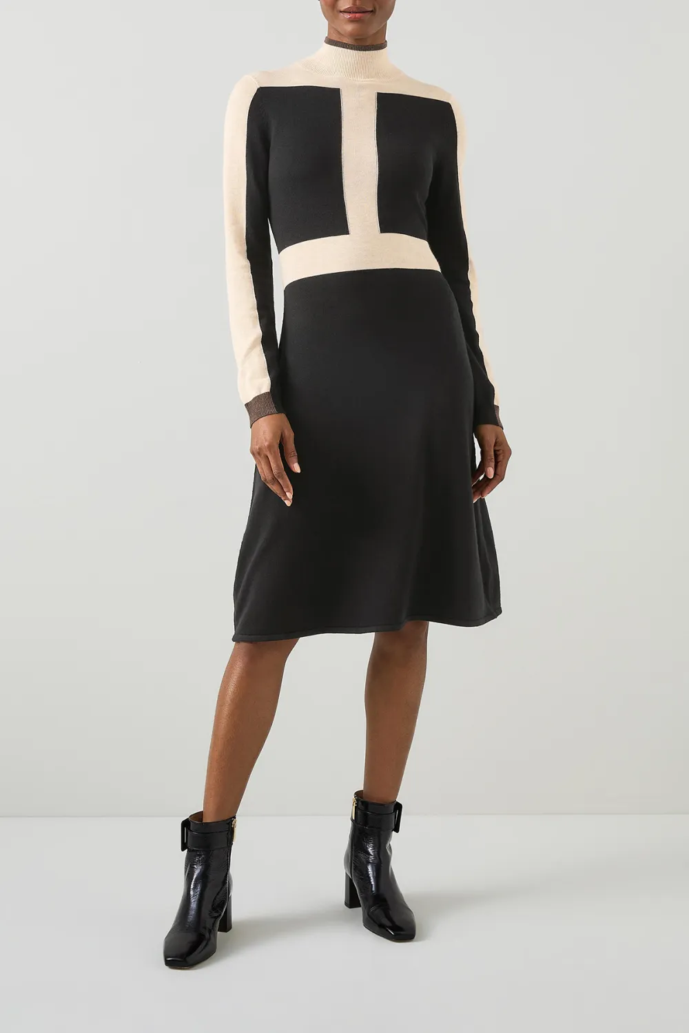 Black Color Block Knit Midi Dress