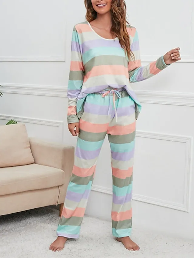 Women's Pajamas Nighty Pjs Sets 2 Pieces Rainbow Stripe Fashion Comfort Soft Home Daily Bed Cotton Breathable V Wire Long Sleeve T shirt Tee Pant Spring Fall Yellow Blue