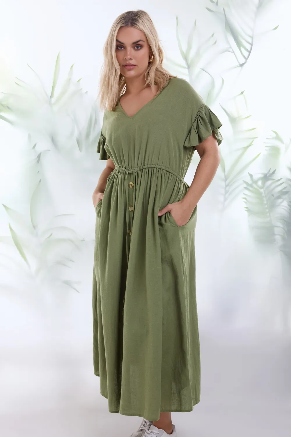 YOURS Curve Khaki Green Linen Maxi Dress
