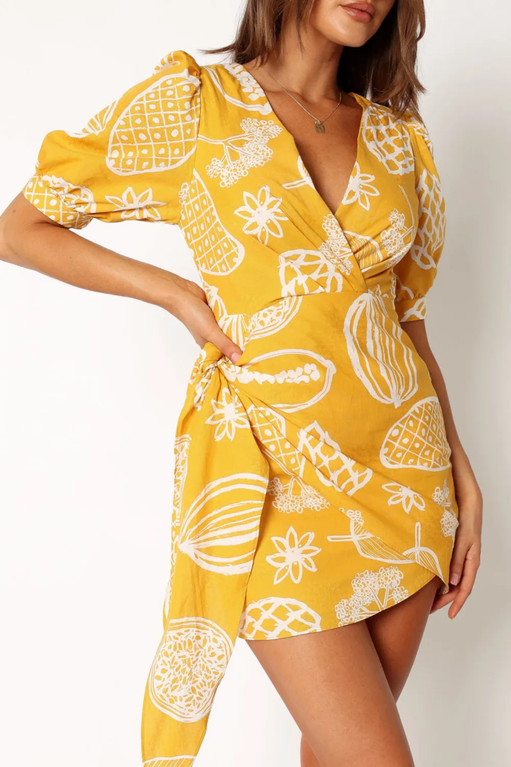 YELLOW PRINTED PATTERN WRAP MINI DRESS