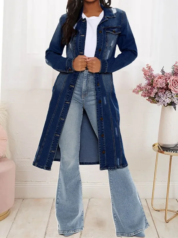 Women's Denim Jacket Jean Jacket Long Trench Coat Windproof with Pockets Vintage Style Casual Daily Street Style Jacket Long Sleeve Solid Color
