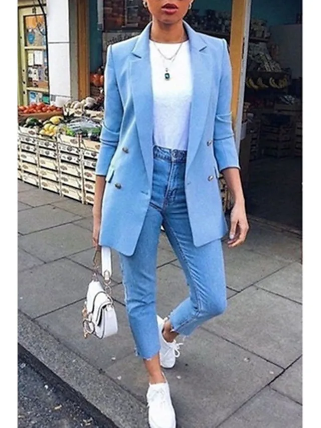 Women's Blazer Solid Color Classic Work Long Sleeve  Casual Work Office Open Front Blazer Jacket Cardigan Solid Color with Pockets