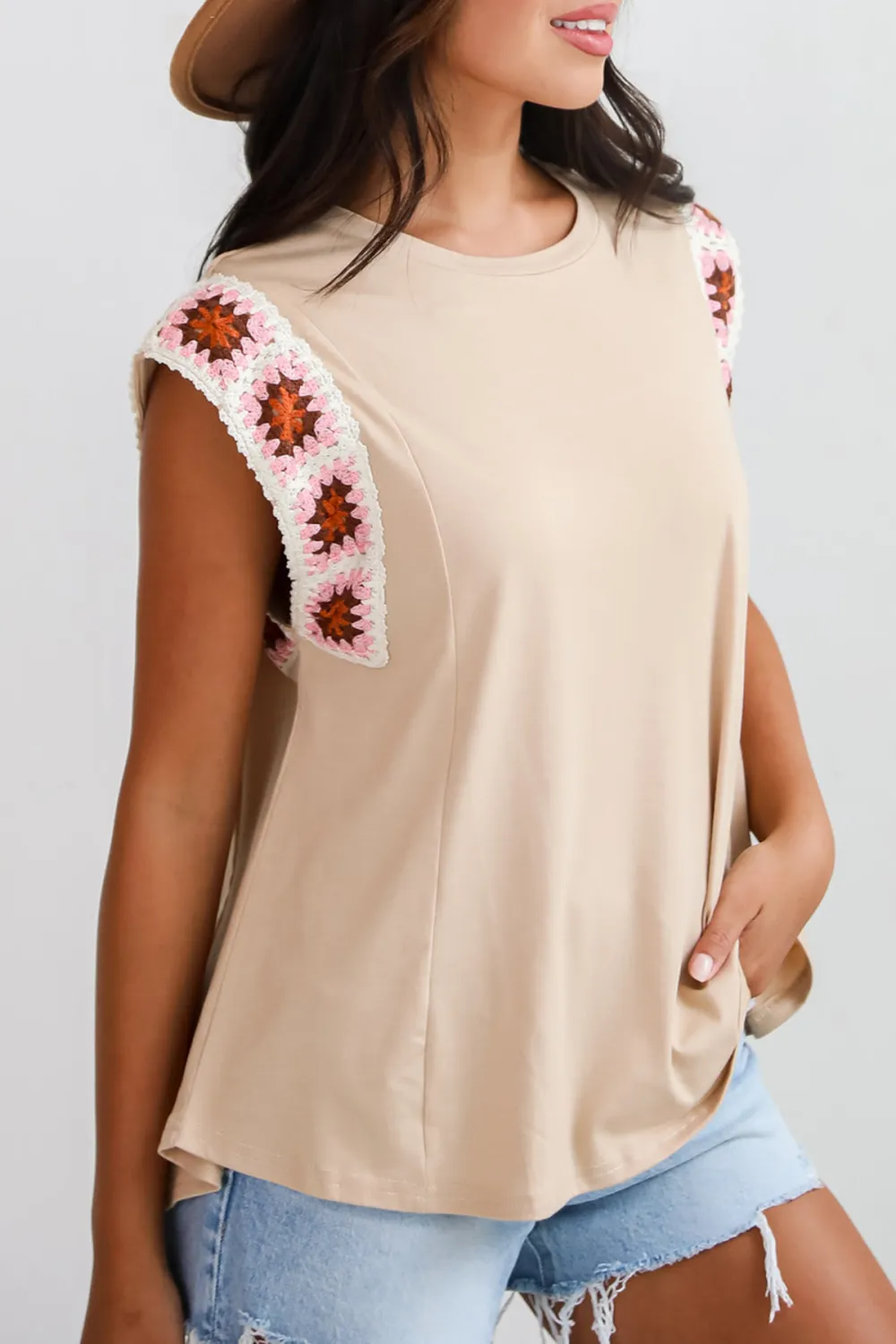 Adored Cutie Mocha Crochet Sleeve Top