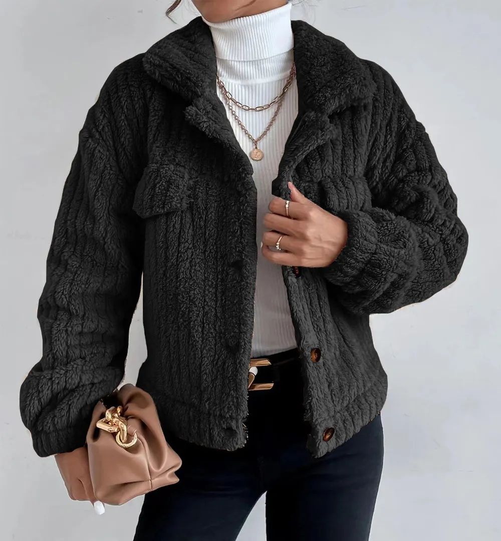 Solid Front Pockets Lapel Plush Coat