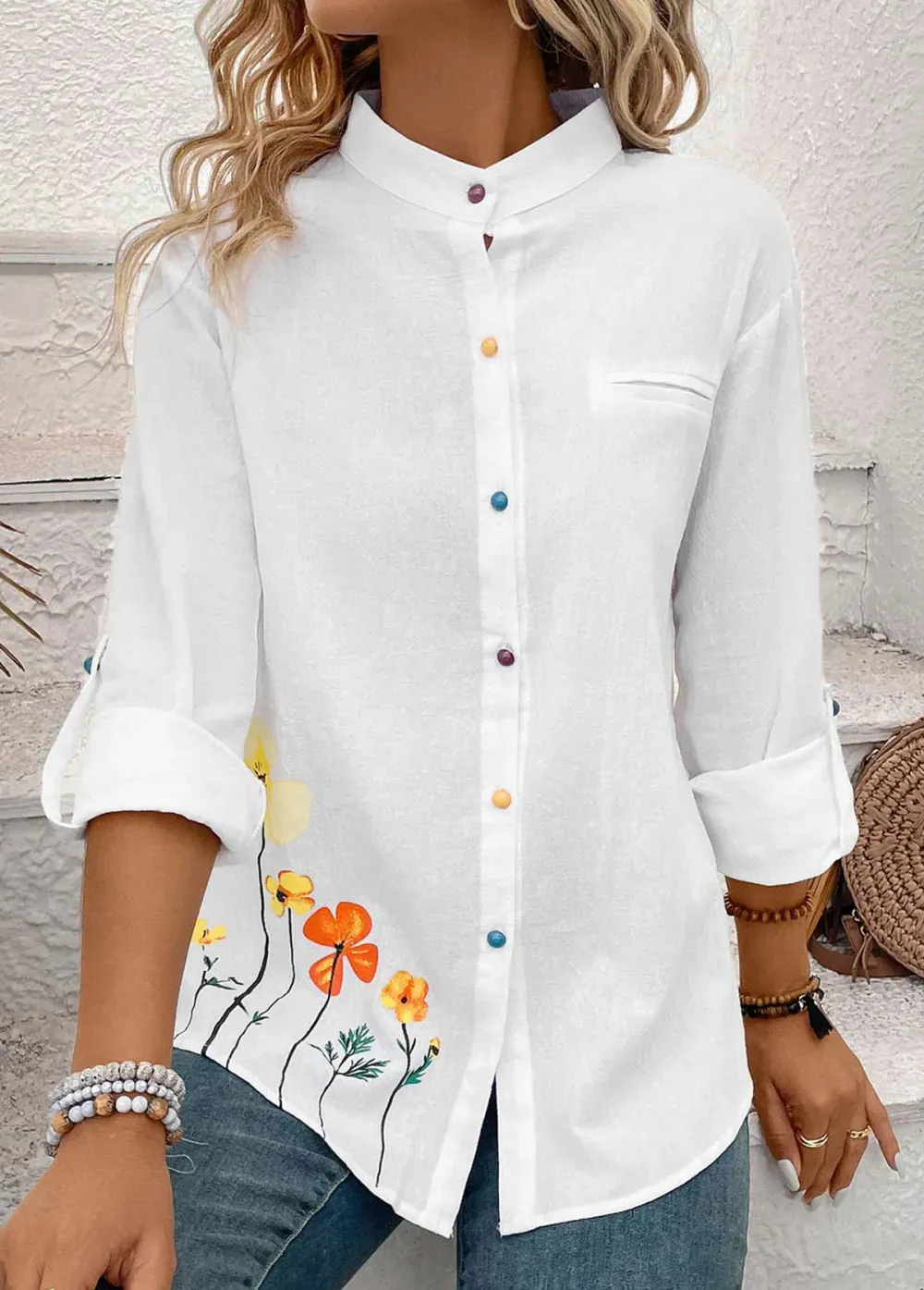 White Button Floral Print Long Sleeve Stand Collar Blouse