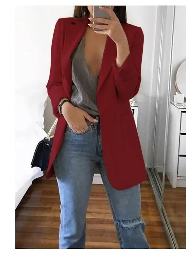 Women's Blazer Casual Pocket Clean Fit Formal Outdoor Daily Wear Polyester Spring Wine Green Black Open Front V Neck Regular Fit S M L XL XXL 3XL / Solid Color