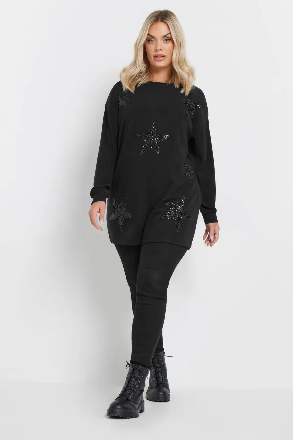 YOURS Curve Black Star Sequin Sweatshirt