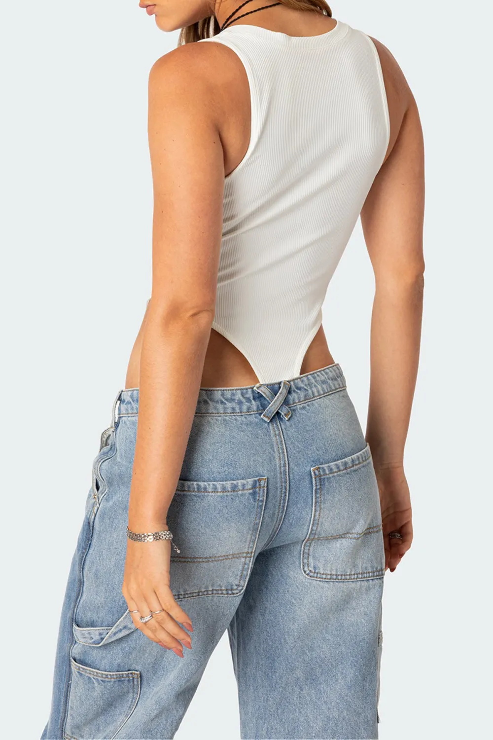 White High Cut Ribbed V Neck Bodysuit