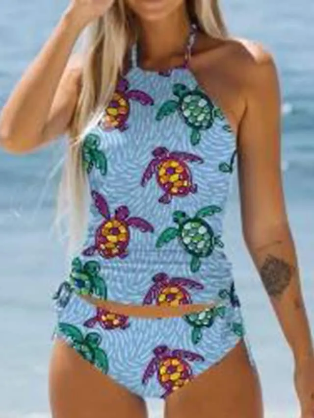 Women's Swimwear Tankini 2 Piece Normal Swimsuit 2 Piece Printing Graphic Tortoise Black White Blue Rainbow Tank Top Bathing Suits Sports Beach Wear Summer
#9494791