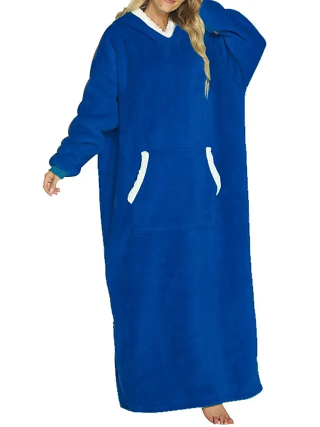 Women's Wearable Blanket Hoodie Blanket Pajama Loungewear Pure Color Warm Plush Casual Home Daily Bed Flannel Warm Breathable Hoodie Long Sleeve Pocket Fall Winter Lake blue Black