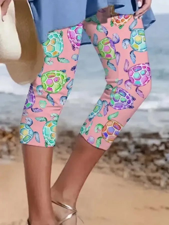 Vacation Watercolor Sea Turtle Print Leggings