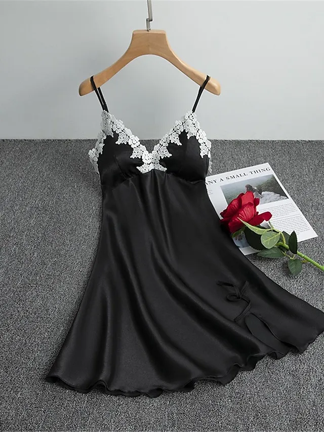 Women's Pajamas Nightgown Nightshirt Dress Dot Pure Color Simple Casual Soft Home Daily Bed Satin Breathable Straps Sleeveless Backless Chest pads Summer Spring Black White