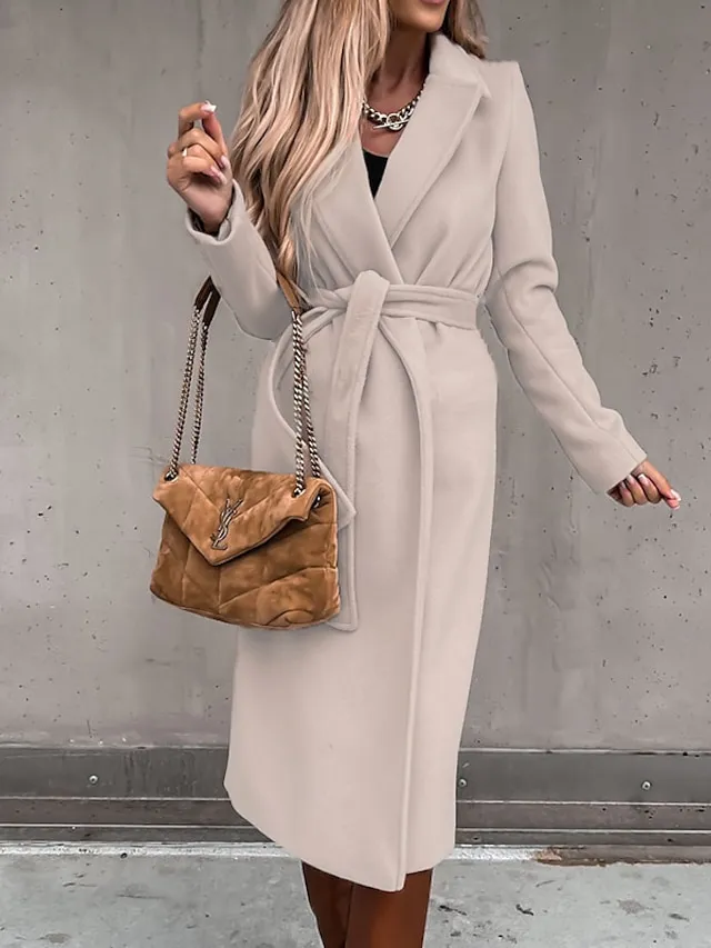 Women's Winter Coat Coat Daily Going out Fall Winter Long Coat Regular Fit Thermal Warm Casual Jacket Long Sleeve Solid Color Lace up Black White Khaki