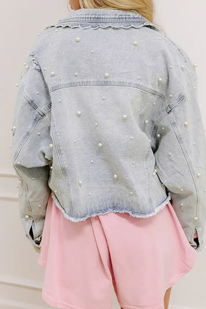 Girly Pearl Embellished Women's Denim Jacket