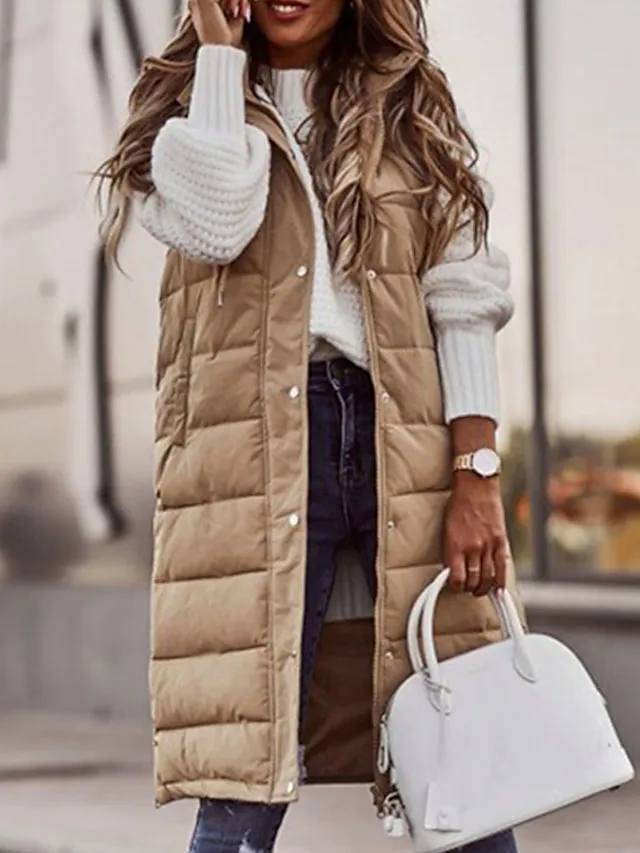 Women's Winter Jacket Long Puffer Vest Fall Maillard Outdoor Street Daily Winter Fall Long Coat Regular Fit Windproof Warm Casual Jacket Sleeveless Solid Color Khaki Red White