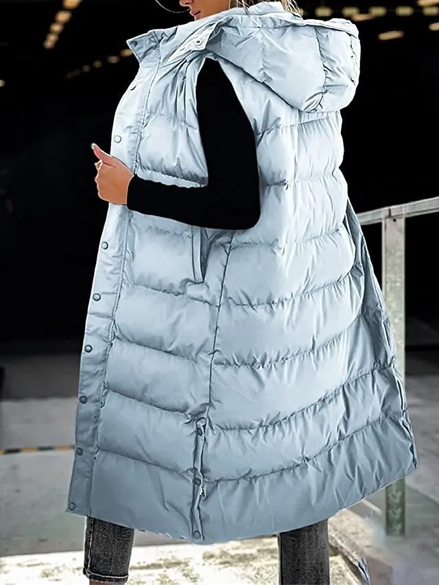 Women's Puffer Vest Long Winter Coat Sleeveless Hooded Jacket Thermal Warm Parka Windproof Gilet Zipper Outerwear Fall