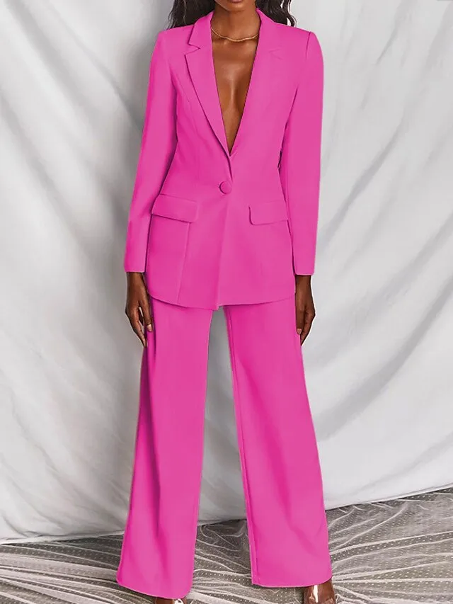 Women's Blazer Suits 2 Pcs Single Breasted Lapel Blazer & Pants Fall Fashion Party Outfit Business Formal Jacket Set Black Blue Pink