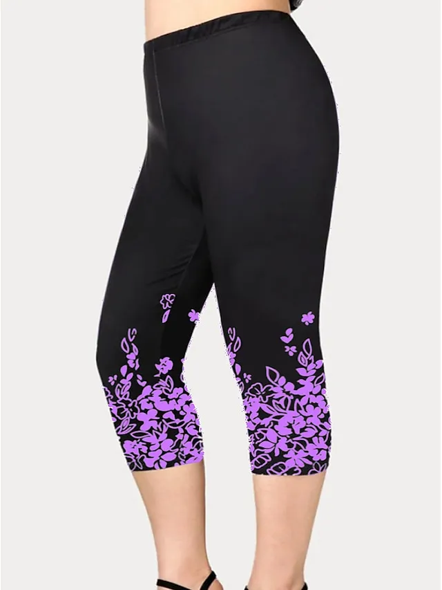 Women's Plus Size Curve Leggings Print Floral Sporty Yoga Casual Daily Natural Calf-Length Spring Summer Green Black Purple L XL XXL 3XL 4XL