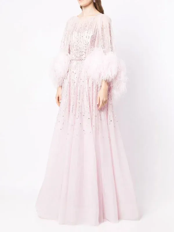 feather cuff sequin party ladies dress