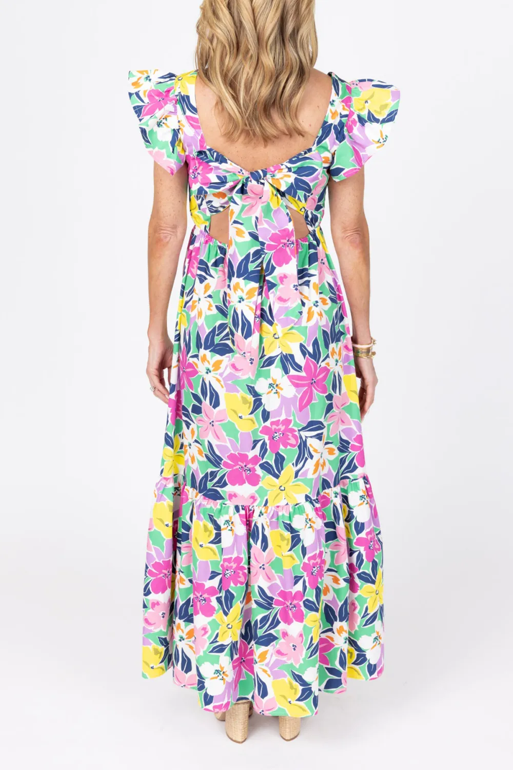 Multicolored Floral Puff Sleeve Flared Maxi Dress