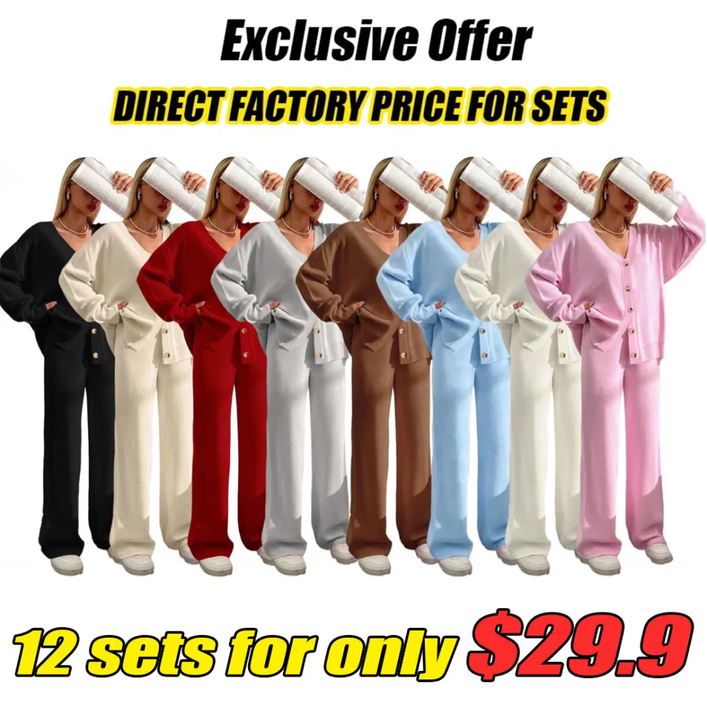 Women's Solid Color Off-Shoulder V-Neck Cardigan & Wide-Leg Pants 2-Piece Loungewear Set