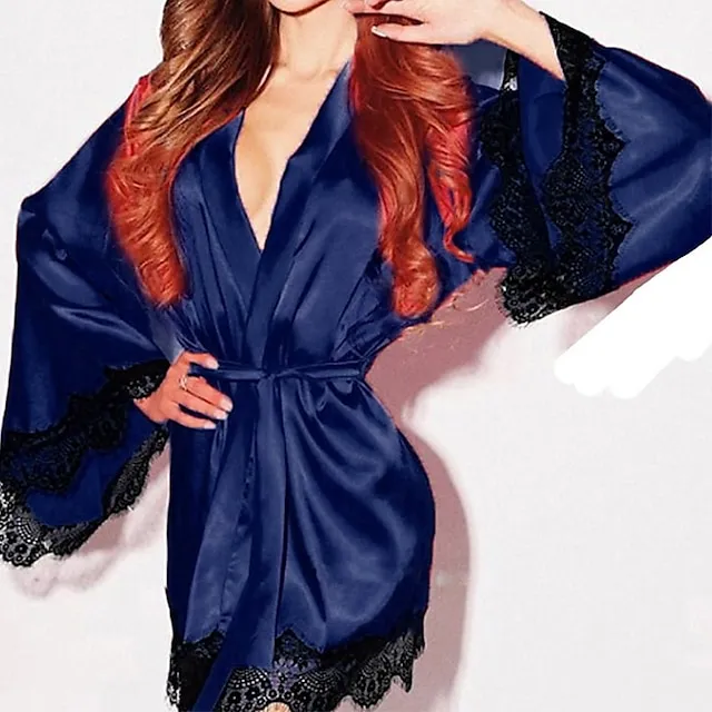 Women's Robes Gown Bathrobes Nighty Silk Kimono 1 PCS Patchwork Casual Comfort Satin Party Home Wedding Party Satin Gift Long Sleeve Lace Belt Included Spring Summer Green Black