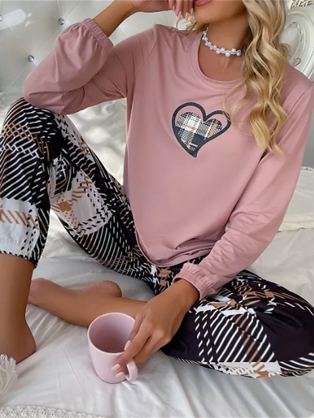 Women's Loungewear Sets Heart Grid / Plaid Simple Casual Comfort Home Daily Bed Polyester Breathable Crew Neck Long Sleeve T shirt Tee Pant Fall Winter Lotus Pink
