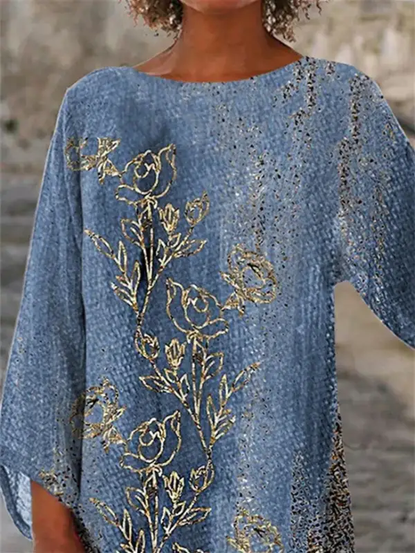 Women 3/4 Sleeve Scoop Neck Printed Colorblock Women Tops