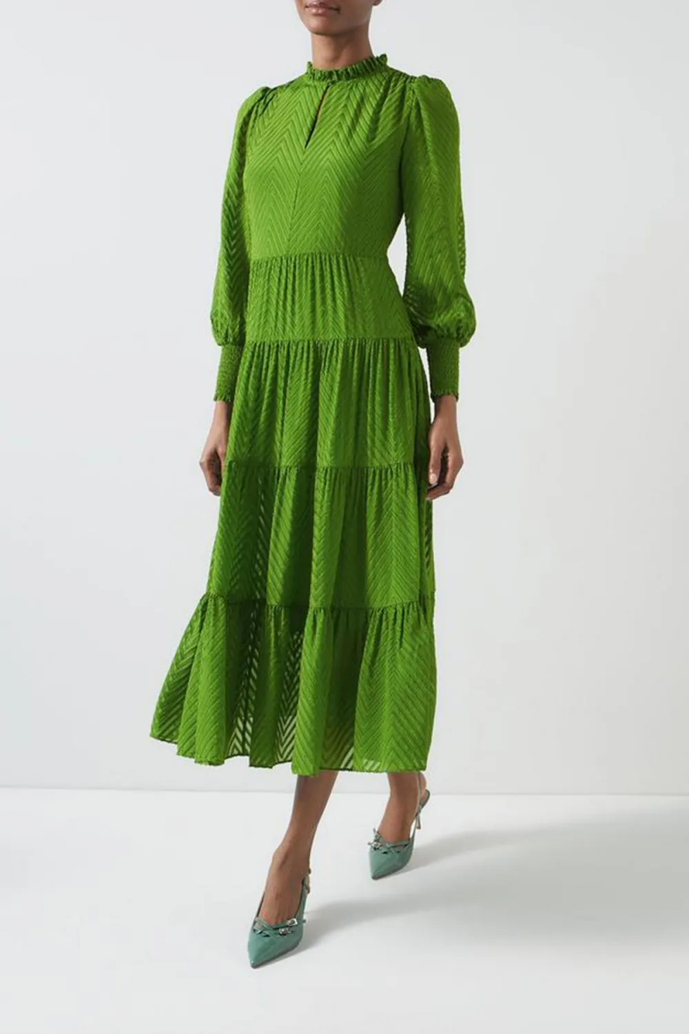 Green Tiered Long Sleeve Maxi Dress