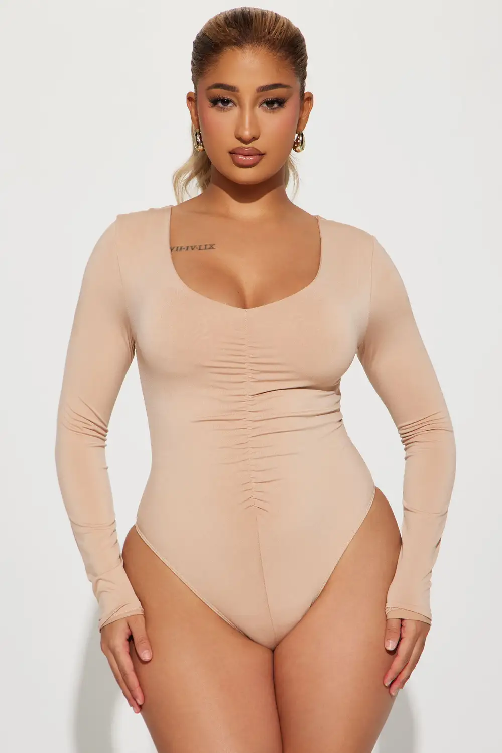 Dinner Plans Ruched Bodysuit - Taupe