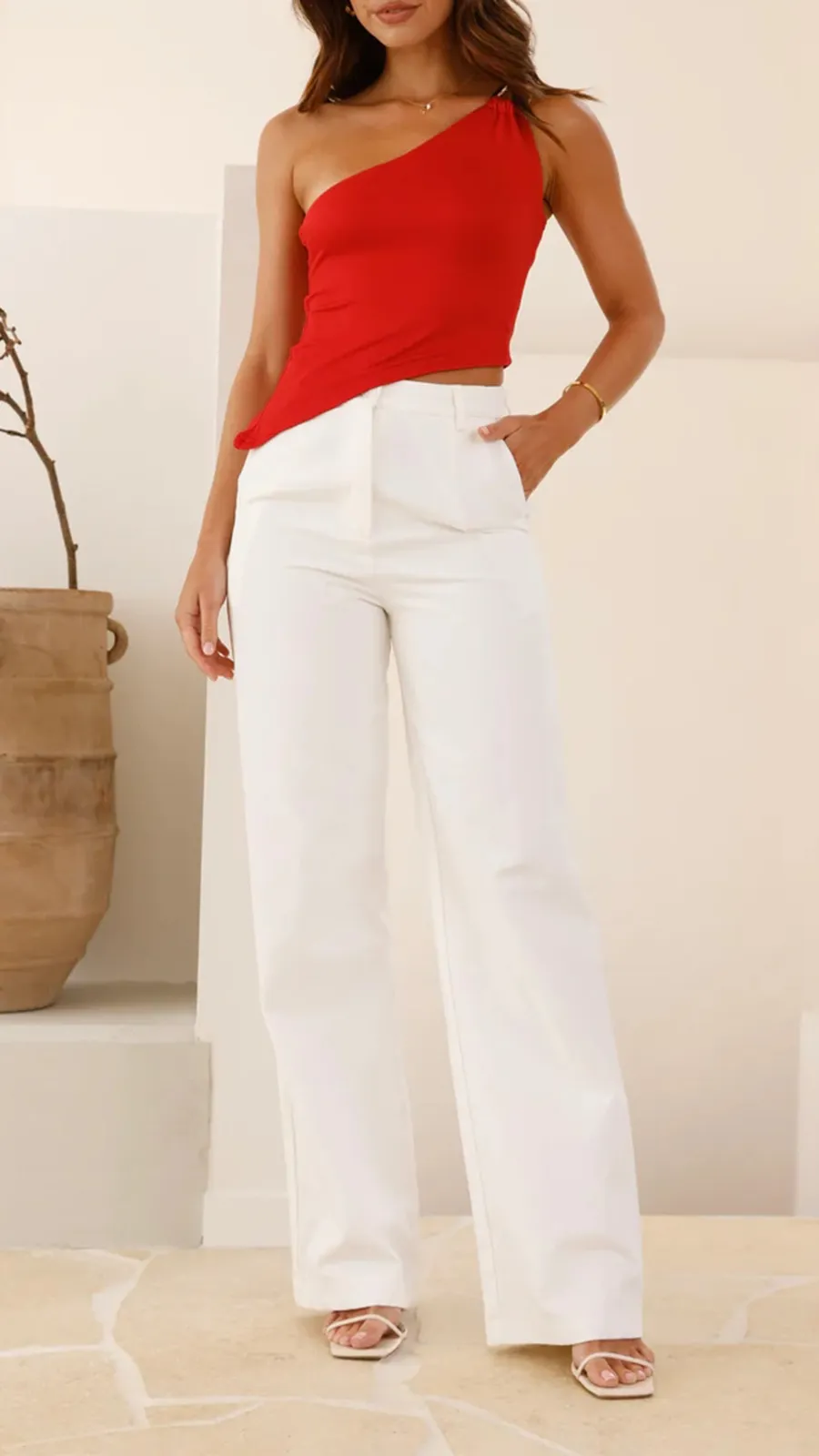 Red Slanted Neckline Top