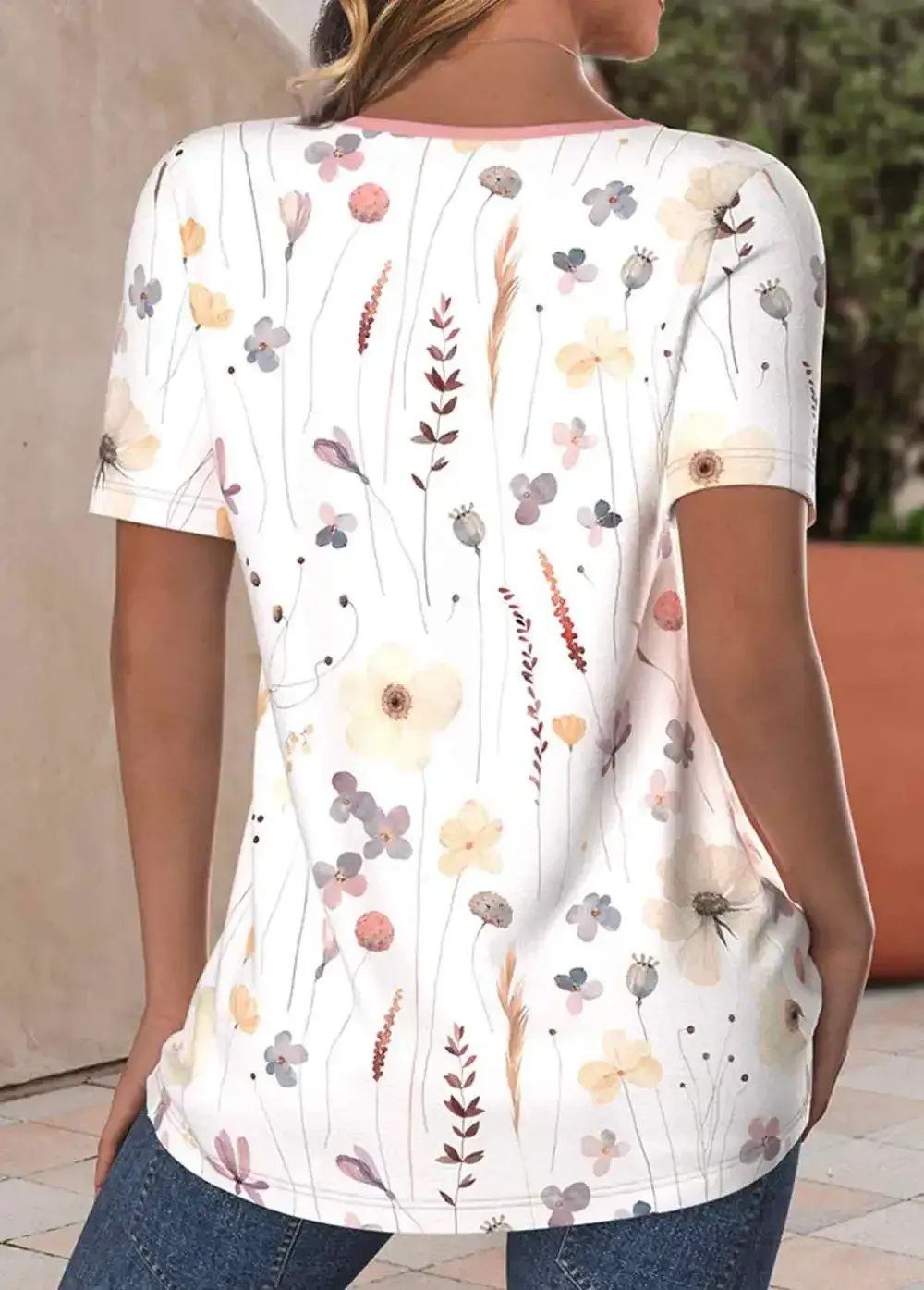 White Button Floral Print Short Sleeve T Shirt