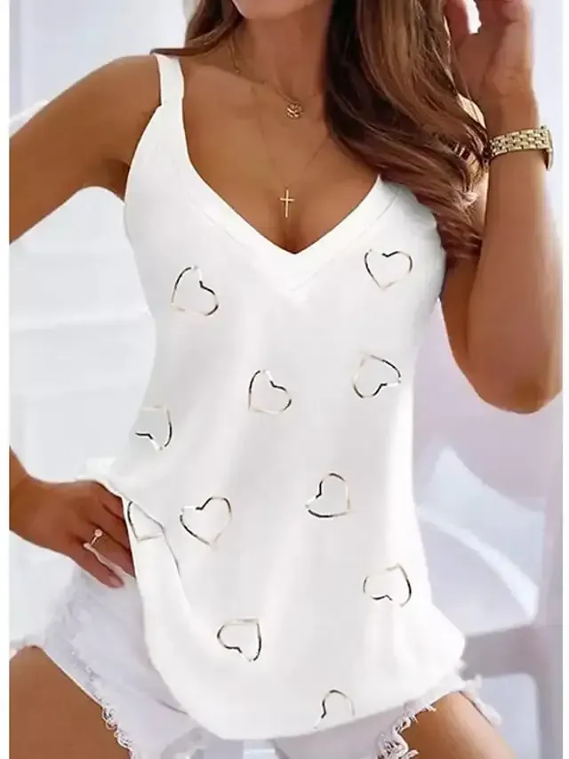 Women's Tank Top Black White Pink Heart Print Sleeveless Casual Weekend Basic V Neck Regular S