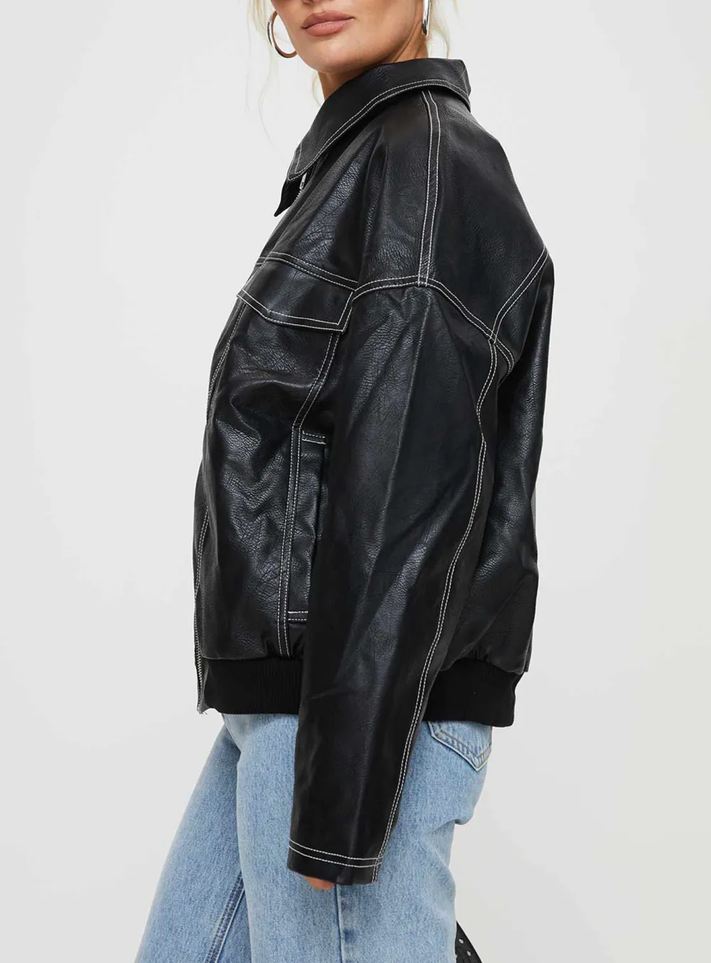 Contrast Stitch Pu Biker Jacket