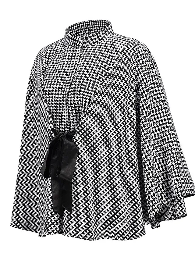 Women's Coat Cloak / Capes Winter Houndstooth Overcoat Fall Long Pea Coat with Belt Elegant Stand Collar Street Daily Wear Fashion Daily Casual Outerwear Long Sleeve Black
