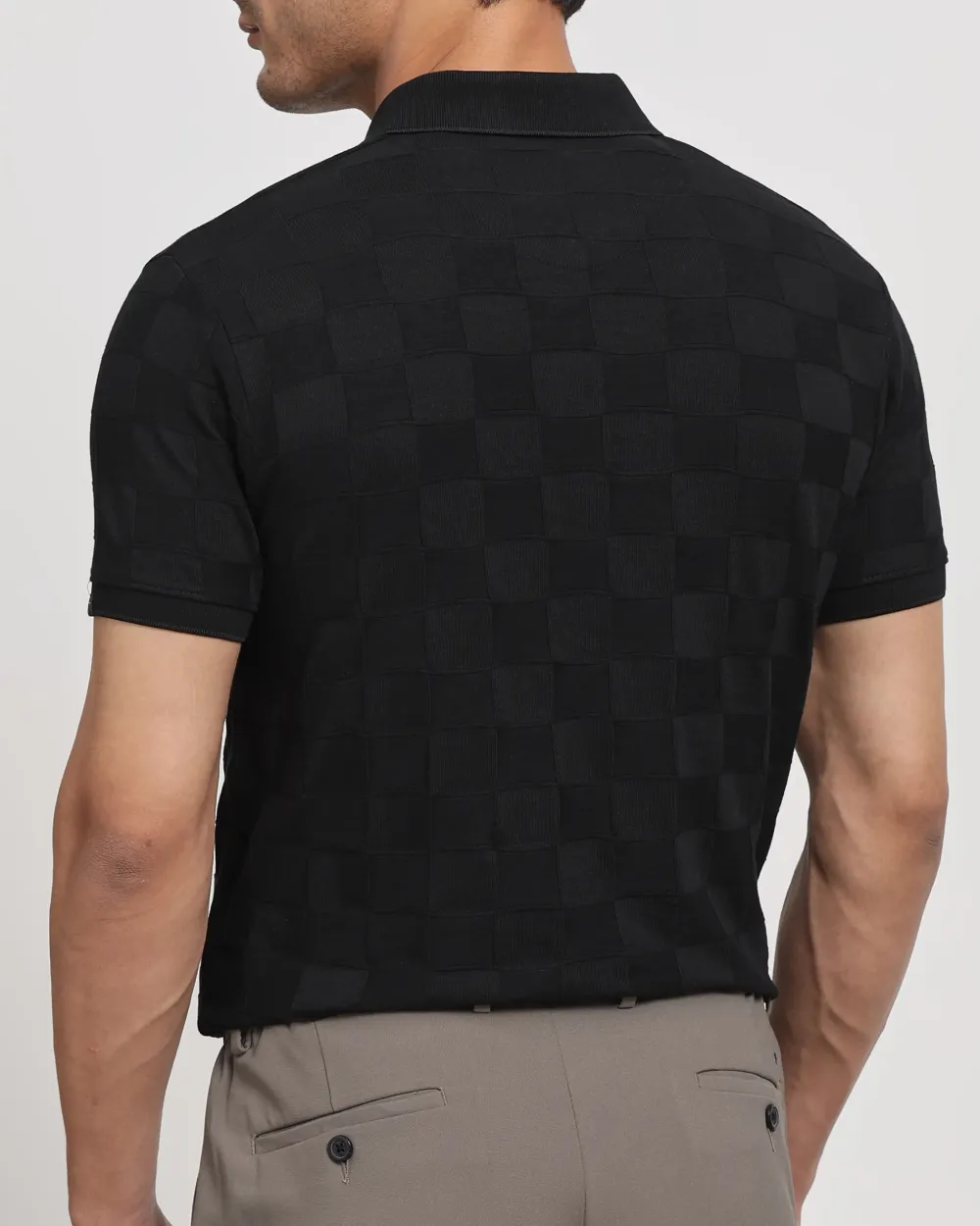 Casual Minimalist Black Plaid Texture Polo Shirt